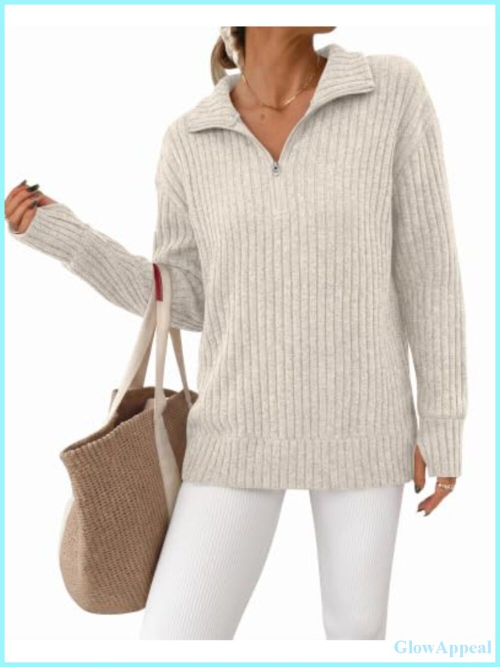 Women's Quarter Zip Pullover Sweater Long Sleeve Ribbed Thumb Holes